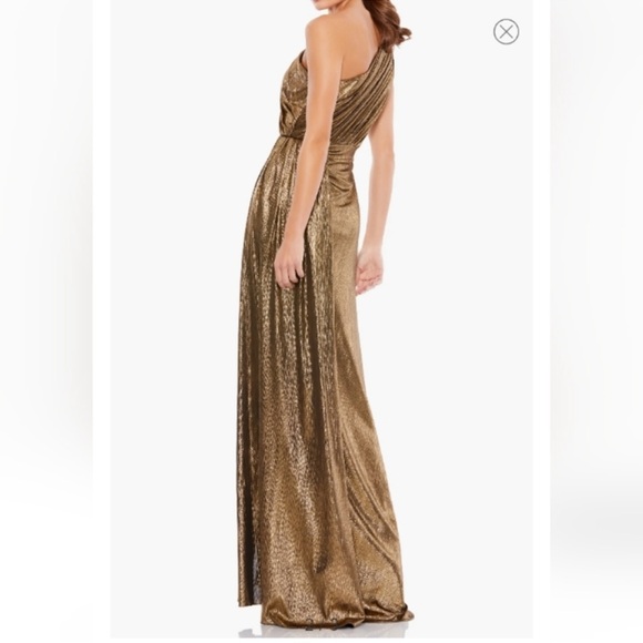 NWT Ieena for Mac Duggal one-shoulder gold Grecian gown - Picture 2 of 5